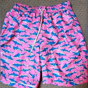 Lands End Mens Small 28 30 Swim Trunks Shorts Swimsuit Pink Blue Sharks Pockets